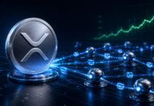 XRP-Symbol mit vernetzten KI-Agenten, die autonome Transaktionen über den XRP Ledger ausführen