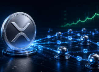 XRP-Symbol mit vernetzten KI-Agenten, die autonome Transaktionen über den XRP Ledger ausführen