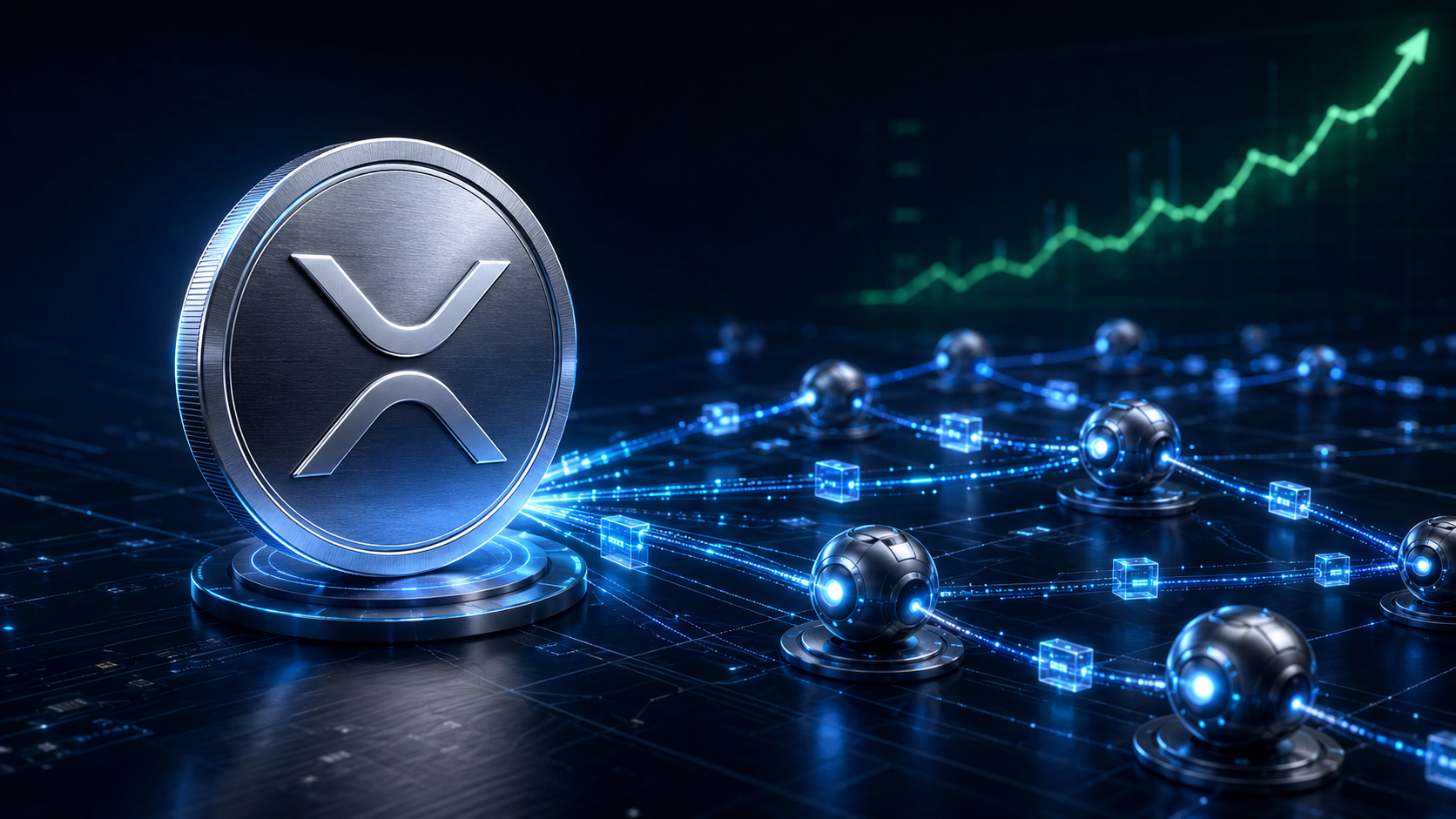 XRP-Symbol mit vernetzten KI-Agenten, die autonome Transaktionen über den XRP Ledger ausführen