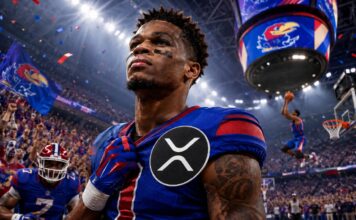 College-Sportler im Stadion mit großem XRP-Logo auf dem Trikot