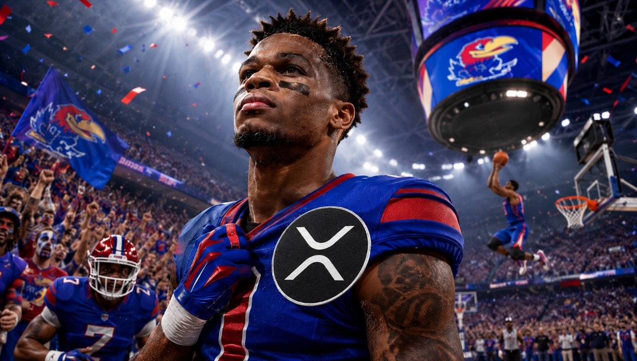 College-Sportler im Stadion mit großem XRP-Logo auf dem Trikot