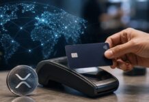 Kontaktlose Zahlung mit Karte am Terminal neben einem XRP-Symbol und einem globalen digitalen Netzwerk.