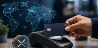 Neue Krypto-Karte verbindet XRP, Stablecoins und das Visa-Netzwerk Kontaktlose Zahlung mit Karte am Terminal neben einem XRP-Symbol und einem globalen digitalen Netzwerk.