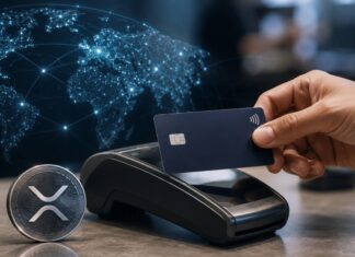 Kontaktlose Zahlung mit Karte am Terminal neben einem XRP-Symbol und einem globalen digitalen Netzwerk.