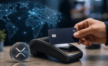 Neue Krypto-Karte verbindet XRP, Stablecoins und das Visa-Netzwerk Kontaktlose Zahlung mit Karte am Terminal neben einem XRP-Symbol und einem globalen digitalen Netzwerk.