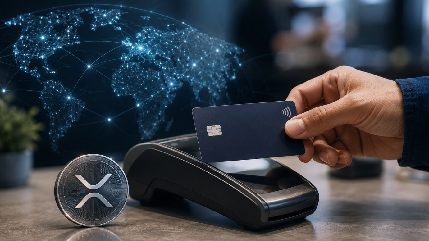 Kontaktlose Zahlung mit Karte am Terminal neben einem XRP-Symbol und einem globalen digitalen Netzwerk.