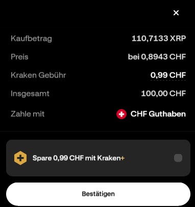 Kraken Kaufbestätigung für den Kauf von 110,7133 XRP mit CHF-Guthaben.