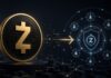 Alt-Tag: Zcash-Symbol vor einem digitalen Netzwerk mit Schutzschild und Blockchain-Knoten zum Ironwood-Upgrade