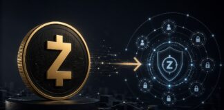 Alt-Tag: Zcash-Symbol vor einem digitalen Netzwerk mit Schutzschild und Blockchain-Knoten zum Ironwood-Upgrade