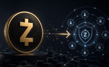Alt-Tag: Zcash-Symbol vor einem digitalen Netzwerk mit Schutzschild und Blockchain-Knoten zum Ironwood-Upgrade