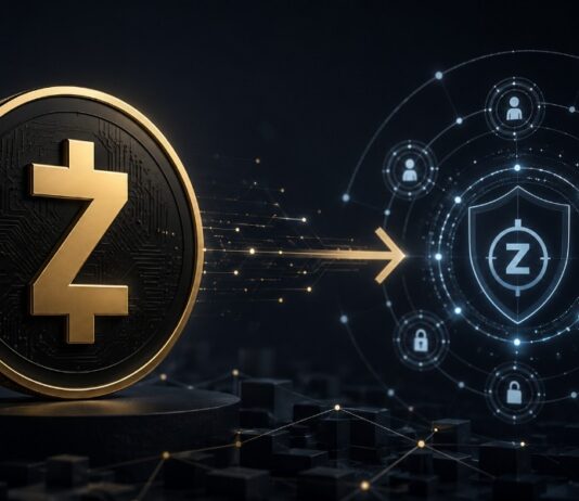 Alt-Tag: Zcash-Symbol vor einem digitalen Netzwerk mit Schutzschild und Blockchain-Knoten zum Ironwood-Upgrade