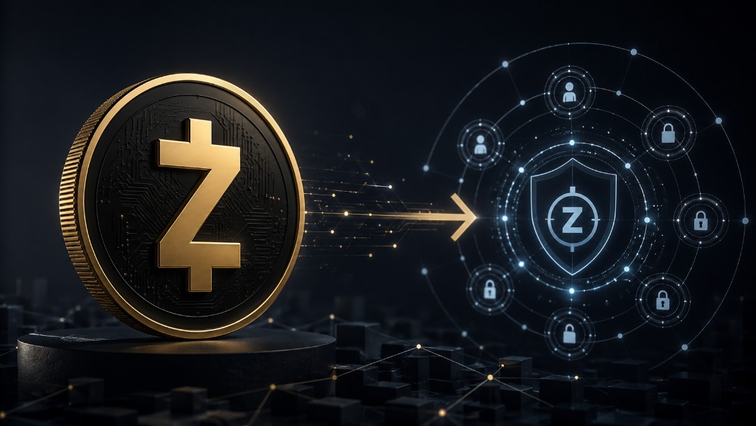Alt-Tag: Zcash-Symbol vor einem digitalen Netzwerk mit Schutzschild und Blockchain-Knoten zum Ironwood-Upgrade