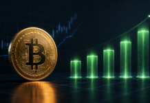 Bitcoin vor fünf ansteigenden Balken als Symbol für die jüngsten Zuflüsse in US-Spot-Bitcoin-ETFs