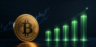 Bitcoin-ETFs mit fünftem Zuflusstag in Folge: Kommt die Trendwende? Bitcoin vor fünf ansteigenden Balken als Symbol für die jüngsten Zuflüsse in US-Spot-Bitcoin-ETFs