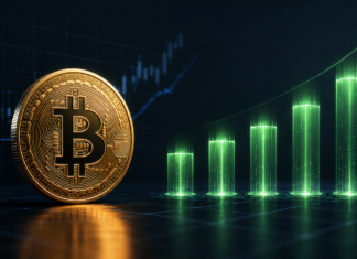 Bitcoin vor fünf ansteigenden Balken als Symbol für die jüngsten Zuflüsse in US-Spot-Bitcoin-ETFs