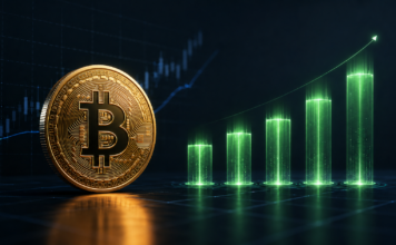 Bitcoin-ETFs mit fünftem Zuflusstag in Folge: Kommt die Trendwende? Bitcoin vor fünf ansteigenden Balken als Symbol für die jüngsten Zuflüsse in US-Spot-Bitcoin-ETFs