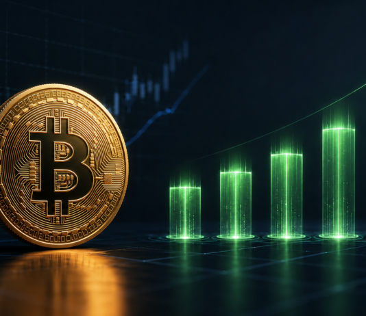Bitcoin vor fünf ansteigenden Balken als Symbol für die jüngsten Zuflüsse in US-Spot-Bitcoin-ETFs