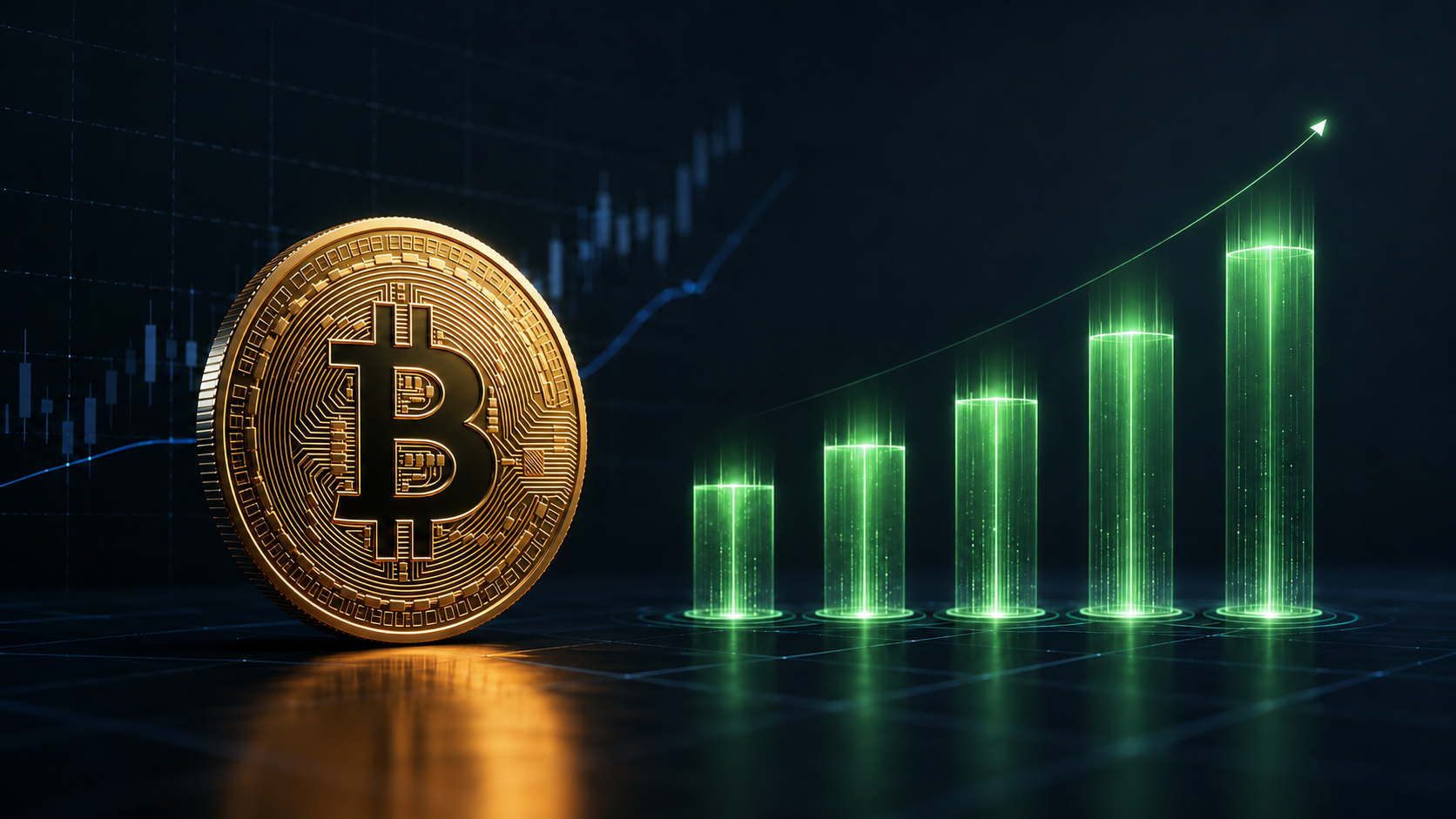 Bitcoin vor fünf ansteigenden Balken als Symbol für die jüngsten Zuflüsse in US-Spot-Bitcoin-ETFs