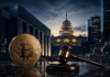 Bitcoin-Münze und Richterhammer vor dem US-Kapitol als Symbol für den Clarity Act