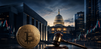 Bitcoin-Münze und Richterhammer vor dem US-Kapitol als Symbol für den Clarity Act