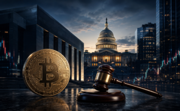 Bitcoin-Münze und Richterhammer vor dem US-Kapitol als Symbol für den Clarity Act