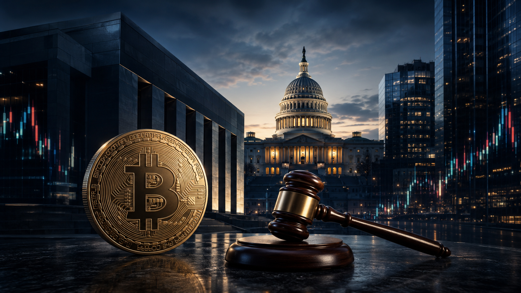 Bitcoin-Münze und Richterhammer vor dem US-Kapitol als Symbol für den Clarity Act