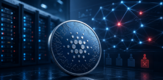 Cardano-Logo vor einer digitalen Netzwerkinfrastruktur nach dem gescheiterten Blockfrost-Finanzierungsantrag