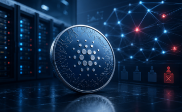 Cardano-Logo vor einer digitalen Netzwerkinfrastruktur nach dem gescheiterten Blockfrost-Finanzierungsantrag