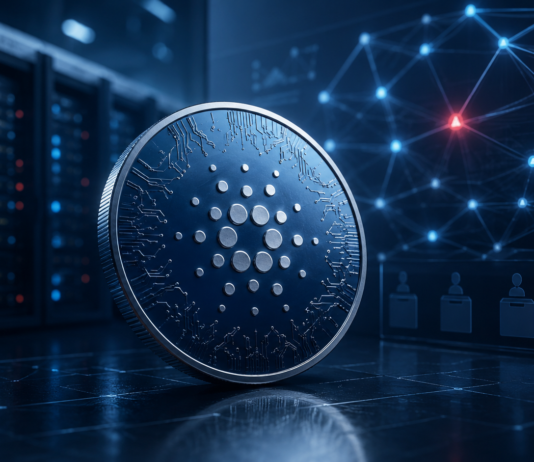 Cardano-Logo vor einer digitalen Netzwerkinfrastruktur nach dem gescheiterten Blockfrost-Finanzierungsantrag