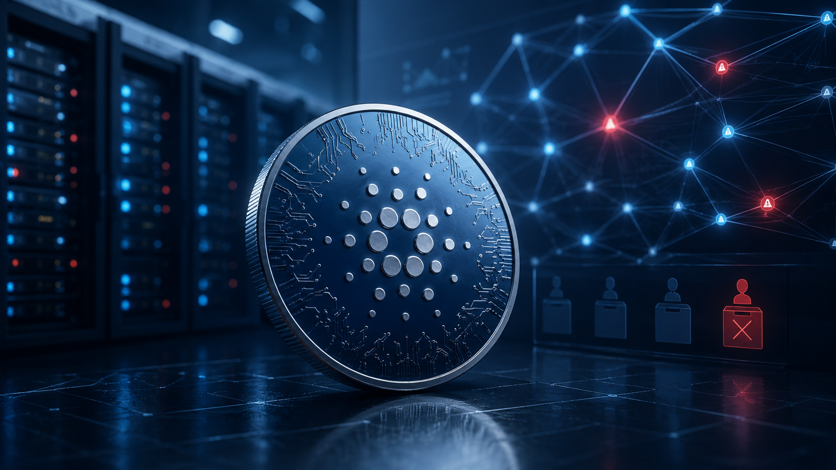 Cardano-Logo vor einer digitalen Netzwerkinfrastruktur nach dem gescheiterten Blockfrost-Finanzierungsantrag