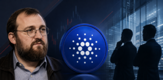 Charles Hoskinson neben einer Cardano-Münze und zwei institutionellen Analysten