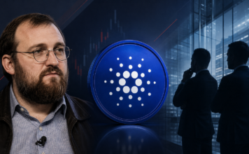 Charles Hoskinson neben einer Cardano-Münze und zwei institutionellen Analysten