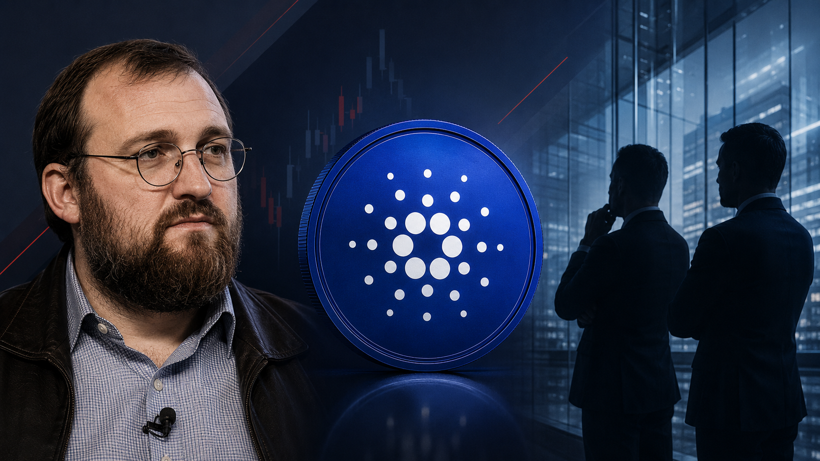 Charles Hoskinson neben einer Cardano-Münze und zwei institutionellen Analysten