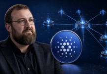Cardano ohne Input Output? Hoskinson plant schrittweisen Rückzug Charles Hoskinson neben dem Cardano-Symbol und einem Netzwerk aus unabhängigen Entwicklungsknoten.