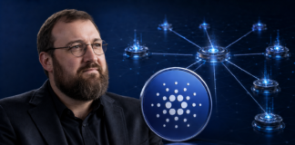 Cardano ohne Input Output? Hoskinson plant schrittweisen Rückzug Charles Hoskinson neben dem Cardano-Symbol und einem Netzwerk aus unabhängigen Entwicklungsknoten.