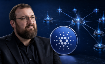 Cardano ohne Input Output? Hoskinson plant schrittweisen Rückzug Charles Hoskinson neben dem Cardano-Symbol und einem Netzwerk aus unabhängigen Entwicklungsknoten.