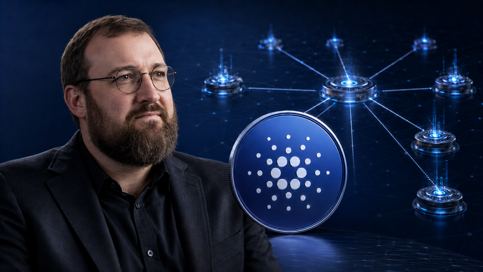 Charles Hoskinson neben dem Cardano-Symbol und einem Netzwerk aus unabhängigen Entwicklungsknoten.