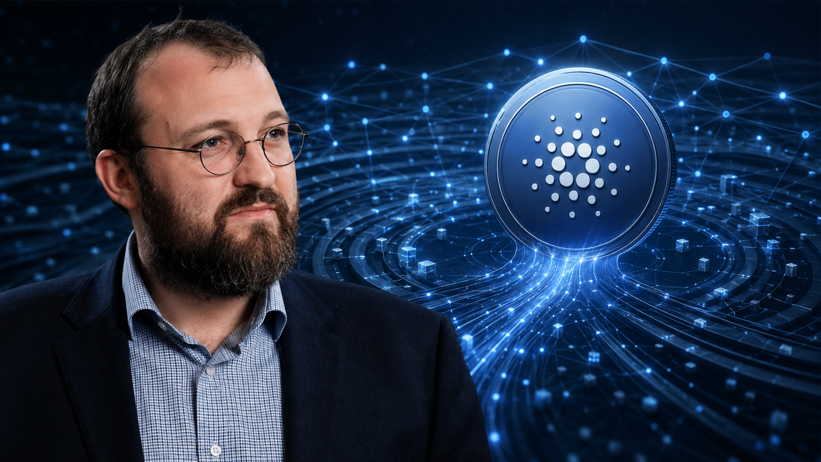 Charles Hoskinson neben dem Cardano-Logo und einer steigenden Wachstumskurve