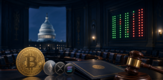 Clarity Act: US-Senat könnte bereits nächste Woche abstimmen Bitcoin, Ethereum, XRP und Solana vor dem US-Kapitol zur möglichen Clarity-Act-Abstimmung