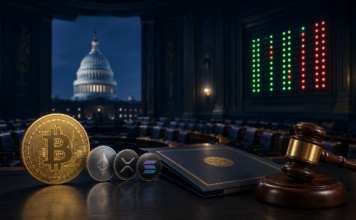 Clarity Act: US-Senat könnte bereits nächste Woche abstimmen Bitcoin, Ethereum, XRP und Solana vor dem US-Kapitol zur möglichen Clarity-Act-Abstimmung
