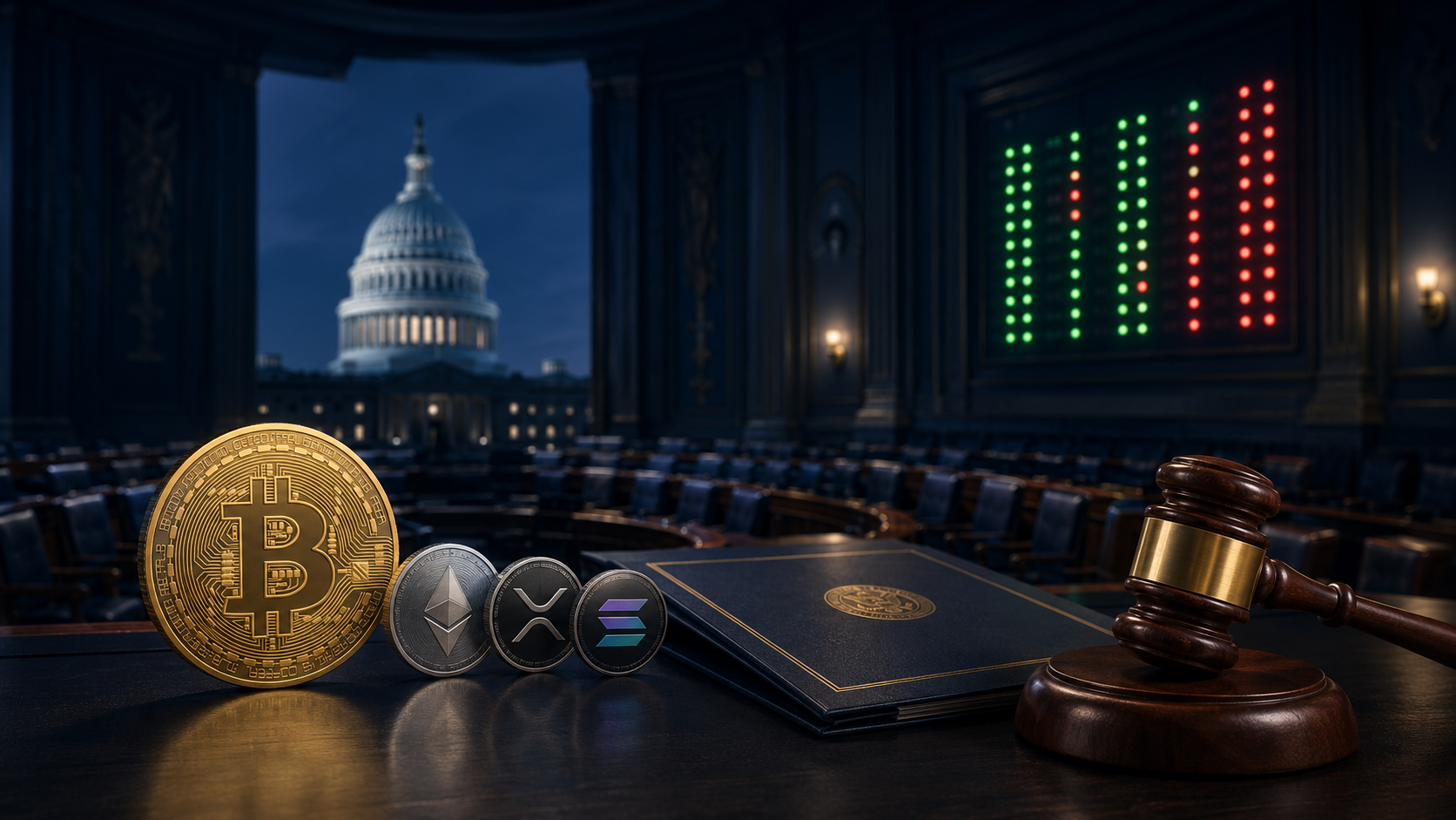 Bitcoin, Ethereum, XRP und Solana vor dem US-Kapitol zur möglichen Clarity-Act-Abstimmung