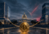 Bitcoin vor dem US-Kapitol und einer großen Uhr als Symbol für den Zeitdruck beim Clarity Act