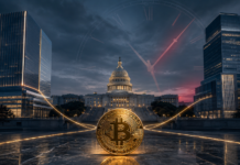 Fidelity und Goldman Sachs fordern Verabschiedung des Clarity Act: Finale Entscheidung im August? Bitcoin vor dem US-Kapitol und einer großen Uhr als Symbol für den Zeitdruck beim Clarity Act