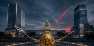 Bitcoin vor dem US-Kapitol und einer großen Uhr als Symbol für den Zeitdruck beim Clarity Act