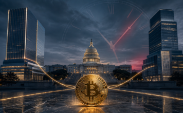Bitcoin vor dem US-Kapitol und einer großen Uhr als Symbol für den Zeitdruck beim Clarity Act