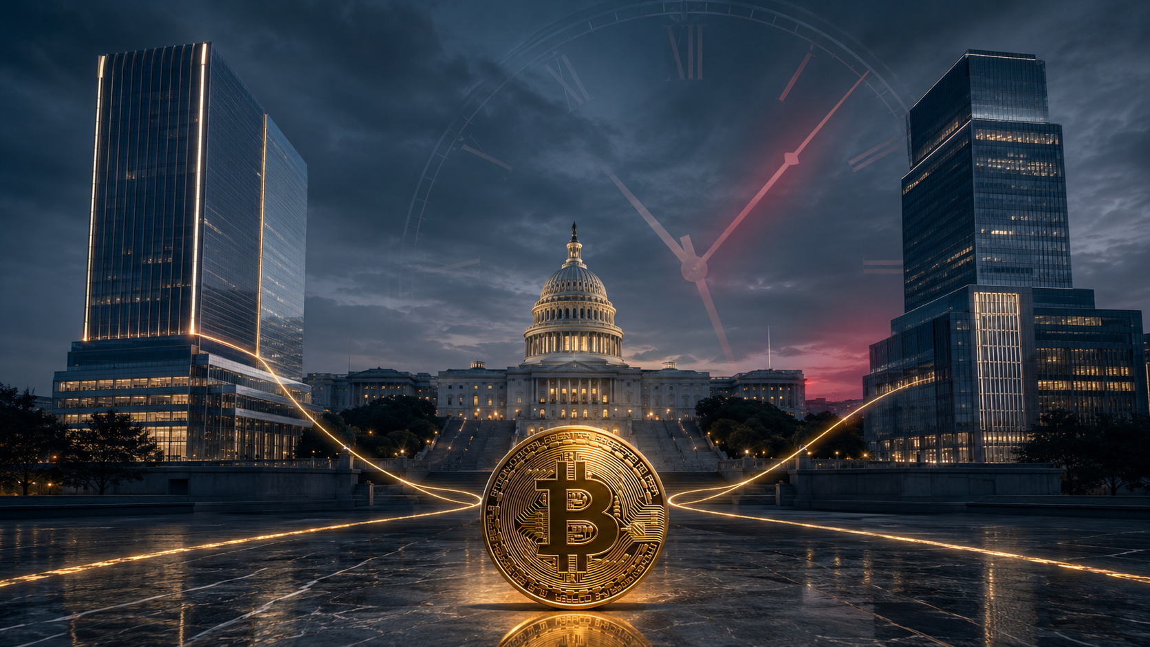 Bitcoin vor dem US-Kapitol und einer großen Uhr als Symbol für den Zeitdruck beim Clarity Act