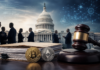 US-Kapitol, Richterhammer sowie Bitcoin- und Ethereum-Münzen symbolisieren den Streit um den Clarity Act und die Regulierung von Kryptowährungen.