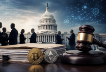 Clarity Act in Gefahr? Demokraten greifen zentrale Schutzklausel an US-Kapitol, Richterhammer sowie Bitcoin- und Ethereum-Münzen symbolisieren den Streit um den Clarity Act und die Regulierung von Kryptowährungen.