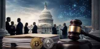 US-Kapitol, Richterhammer sowie Bitcoin- und Ethereum-Münzen symbolisieren den Streit um den Clarity Act und die Regulierung von Kryptowährungen.