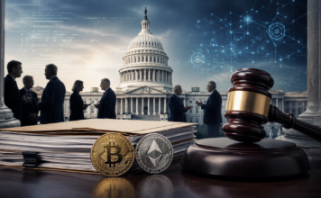 US-Kapitol, Richterhammer sowie Bitcoin- und Ethereum-Münzen symbolisieren den Streit um den Clarity Act und die Regulierung von Kryptowährungen.